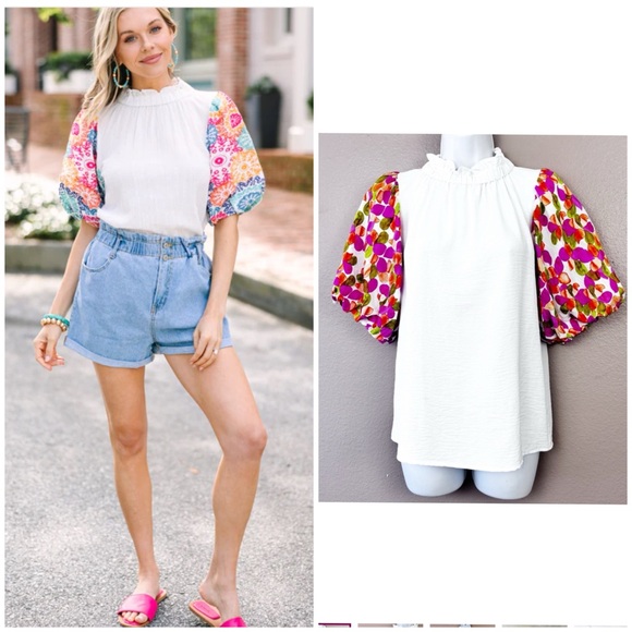 THML Tops - THML Puff Sleeve Ruffle Neck Top